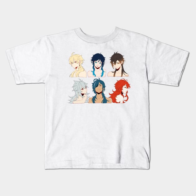 Long-Haired Genshin Impact Boys With Their Hair Down Clean Version Kids T-Shirt by MykaAndSalmon